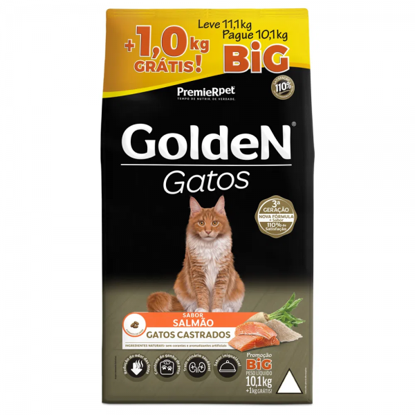 Ração Golden Gatos Castrados Salmão 10,1kg + 1kg Grátis