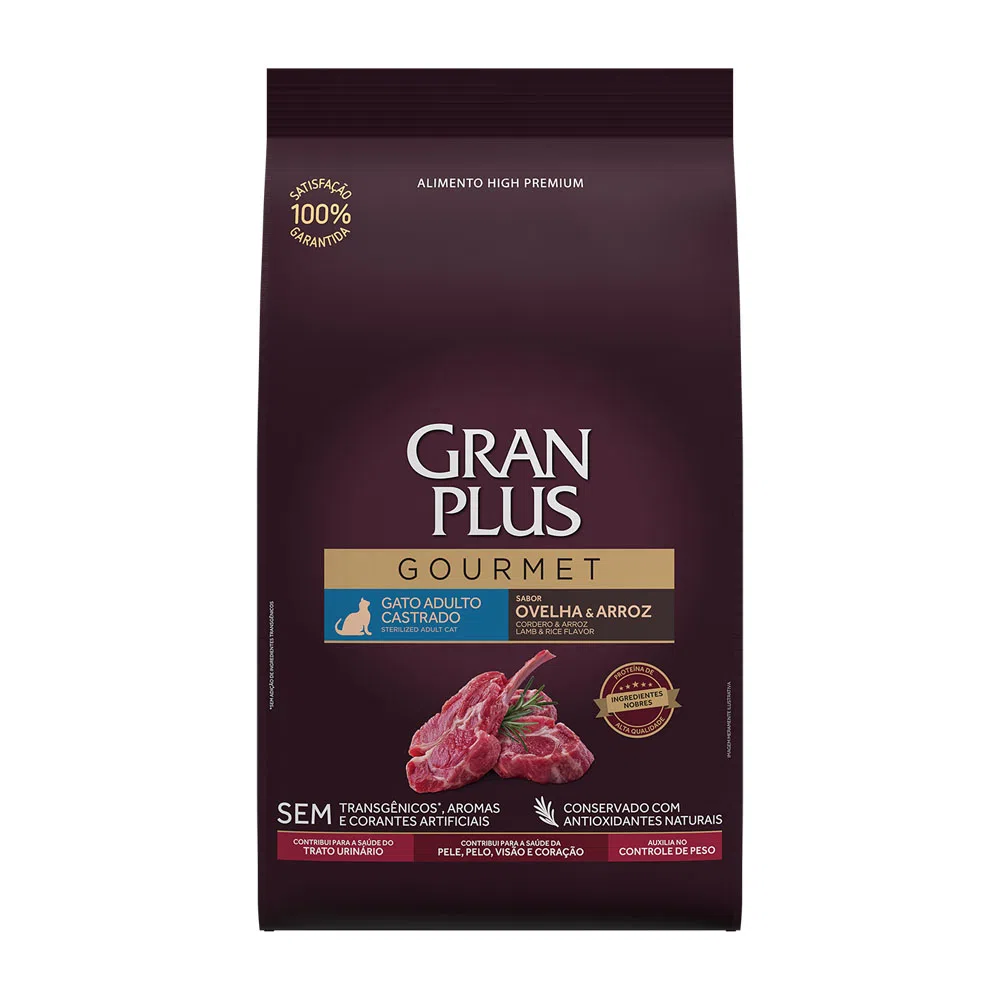 Ração GranPlus Gourmet Gatos Adultos Castrados Ovelha e Arroz 10,1kg pac. indiv de 1kg