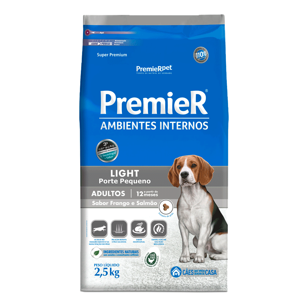 Ração Premier Ambientes Internos Light Cães Adultos Frango e Salmão 2,5 kg