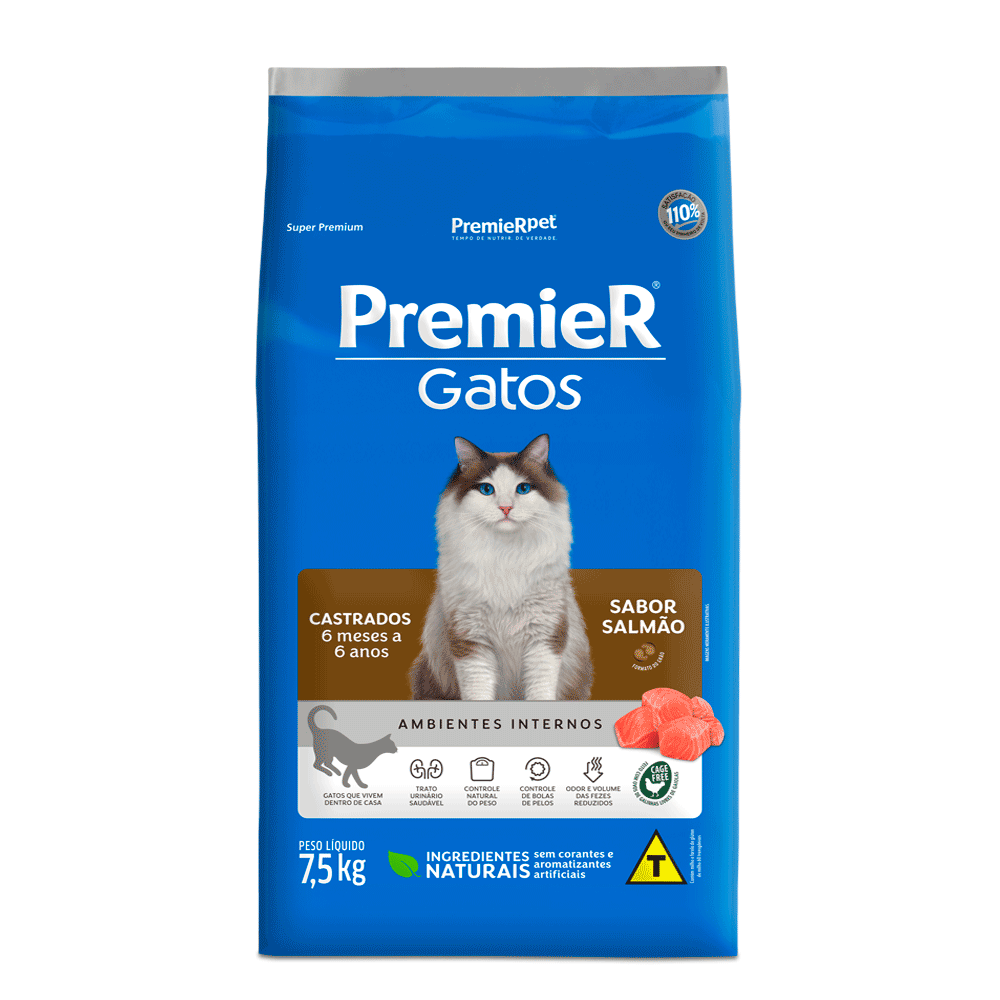 Ração Premier Ambientes Internos Gatos Castrados 6 Meses a 6 Anos Salmão 7,5 kg